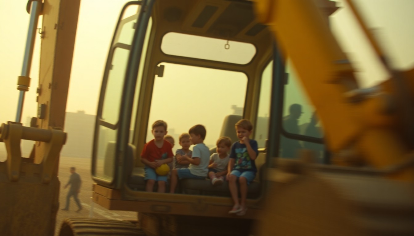 An out-of-focus photograph showing the interior of a large construction excavator, with children's hands and faces visible as they explore the vehicle, surrounded by a soft, hazy background of blurred shapes and colors.