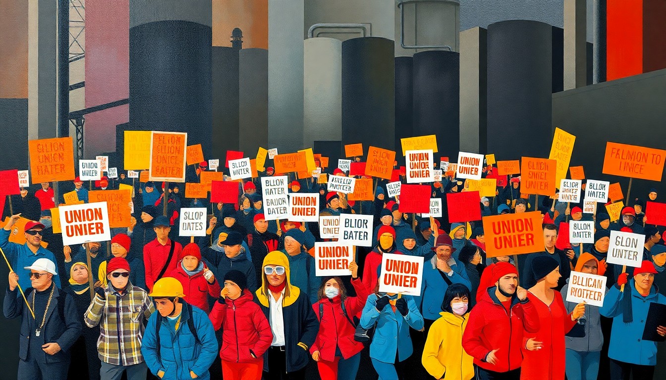 A dynamic, abstract painting of a crowd of protesters marching with union banners, the figures repeated in overlapping, geometric waves of bold primary colors against a dark, industrial background, capturing the energy and momentum of the labor movement.