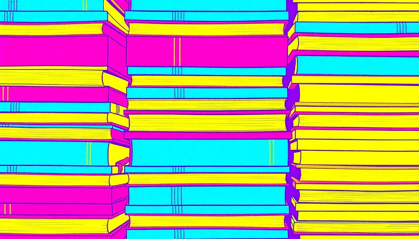 A repeating grid of brightly colored, high-contrast silkscreen textbooks in shades of electric blue, hot pink, and highlighter yellow, conceptually representing the academic challenges facing SAISD.