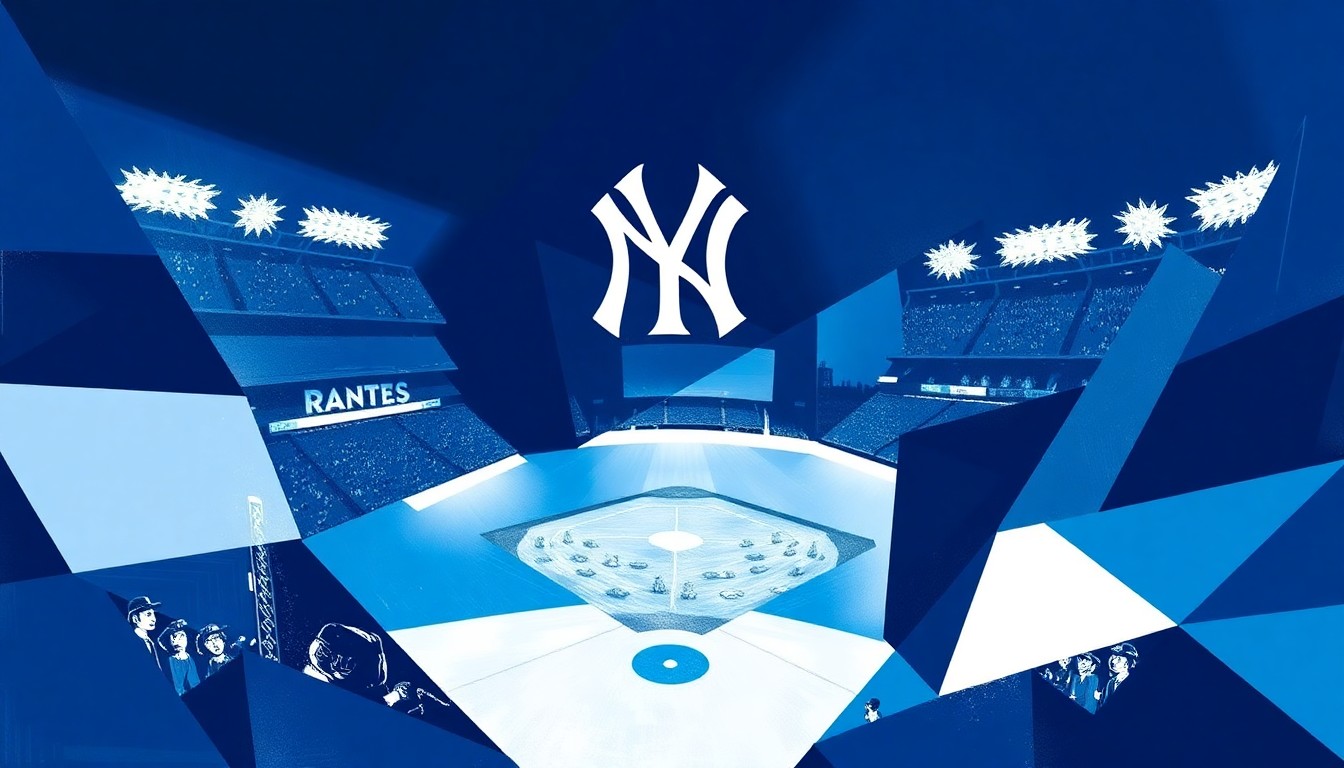 A fragmented, geometric painting depicting a baseball game in progress, with players and the field broken down into overlapping planes of navy blue, light blue, and white.