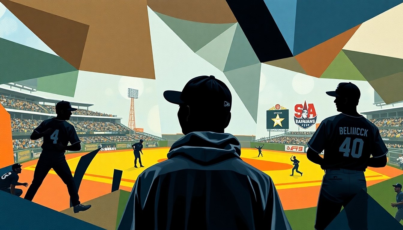 A fractured, cubist-style painting depicting the silhouettes of baseball players in action, with Belichick's distinctive hoodie and cap visible among the sharp, overlapping geometric shapes that make up the scene.