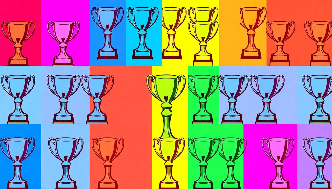 A brightly colored, high-contrast silkscreen print of a single, iconic spelling bee trophy or trophy cup repeated in a tight grid pattern, capturing the excitement and achievement of a young student advancing to a national academic competition.