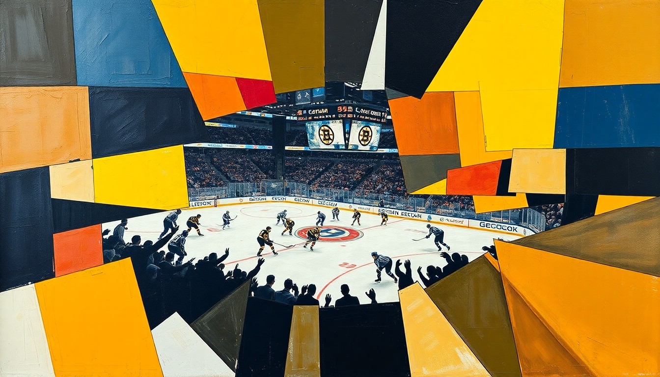 A fragmented, geometric painting depicting the dynamic movements and competing forces of a hockey game between the Boston Bruins and Columbus Blue Jackets, rendered in a cubist style.