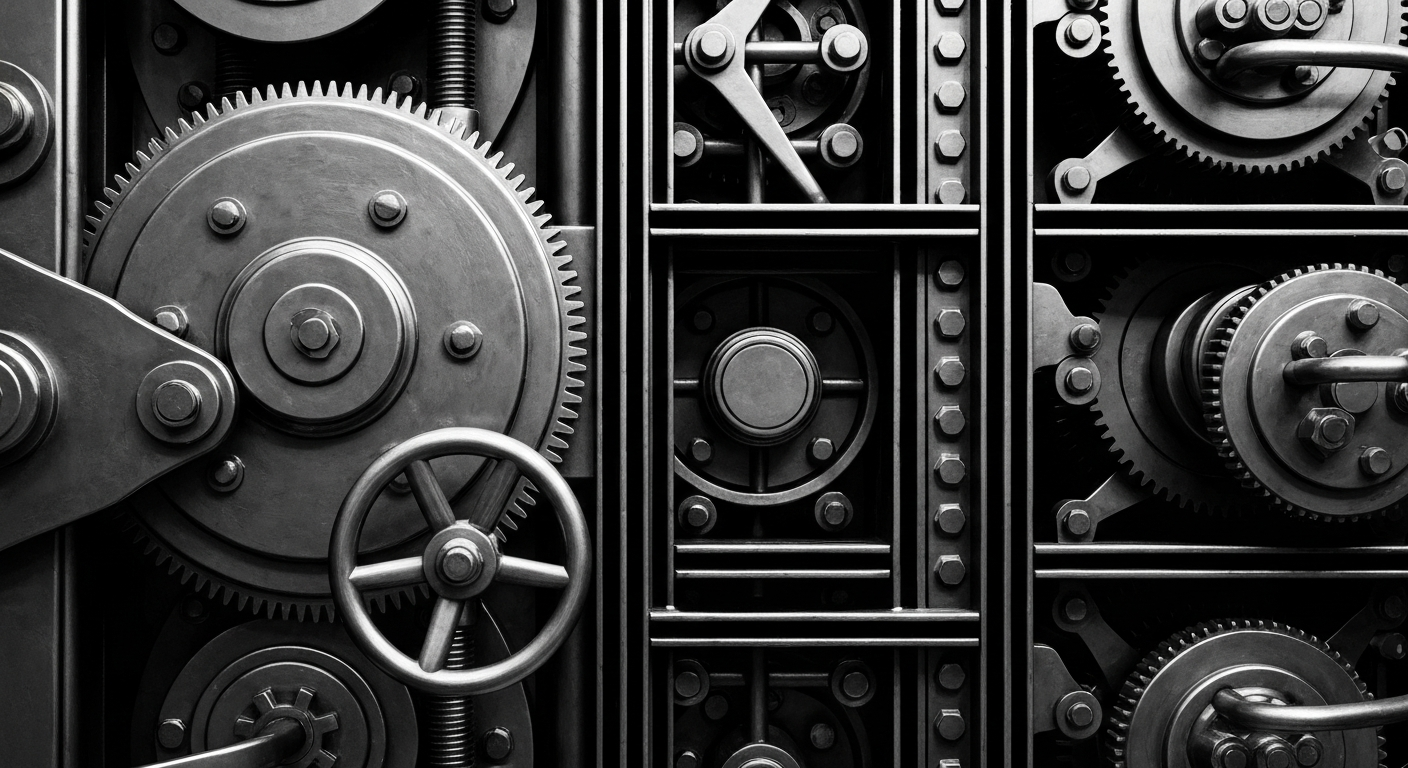 A high-contrast black and white close-up image of the intricate gears, levers, and mechanical components that make up the secure storage systems of a financial institution, conveying the complex infrastructure underlying municipal bond investments.