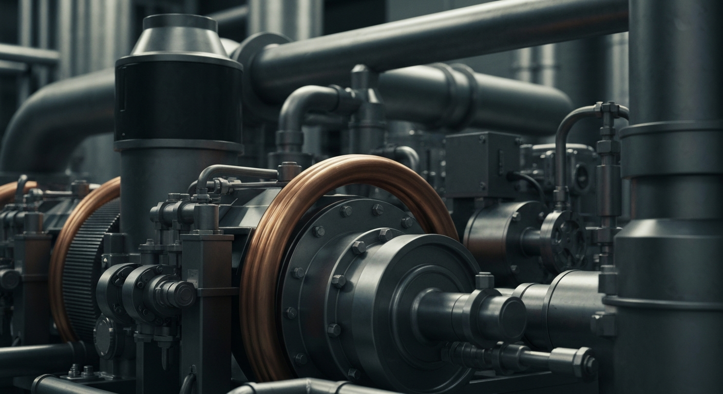 An extreme close-up of intricate, heavy industrial machinery and equipment in shades of steel gray, copper, and black, conveying the complex, physical nature of LanzaTech's carbon recycling technology.