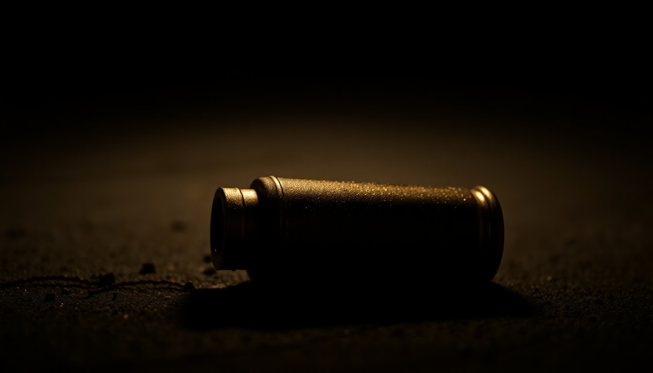 An extreme close-up photograph of a single spent bullet casing on the ground, lit by a harsh camera flash against a pitch-black background, creating a stark, gritty, investigative aesthetic.