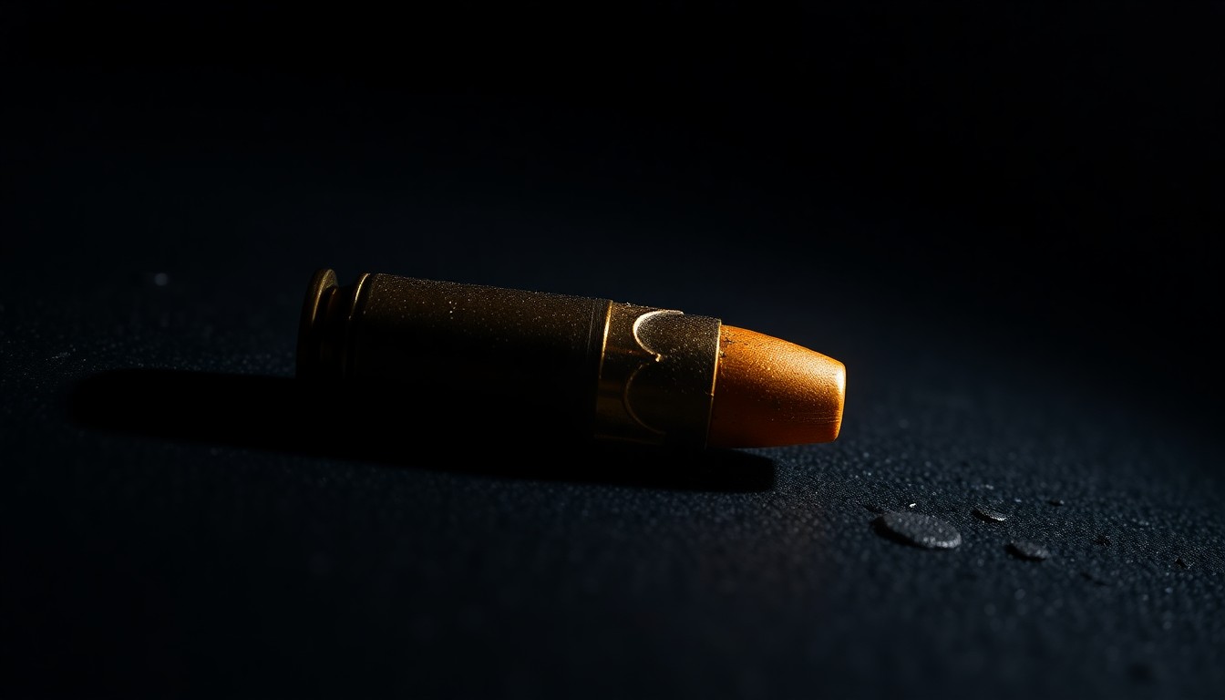 An extreme close-up photograph of a single spent bullet casing on a dark, textured surface, lit by a harsh, direct camera flash, conceptually representing the physical evidence of a shooting incident.