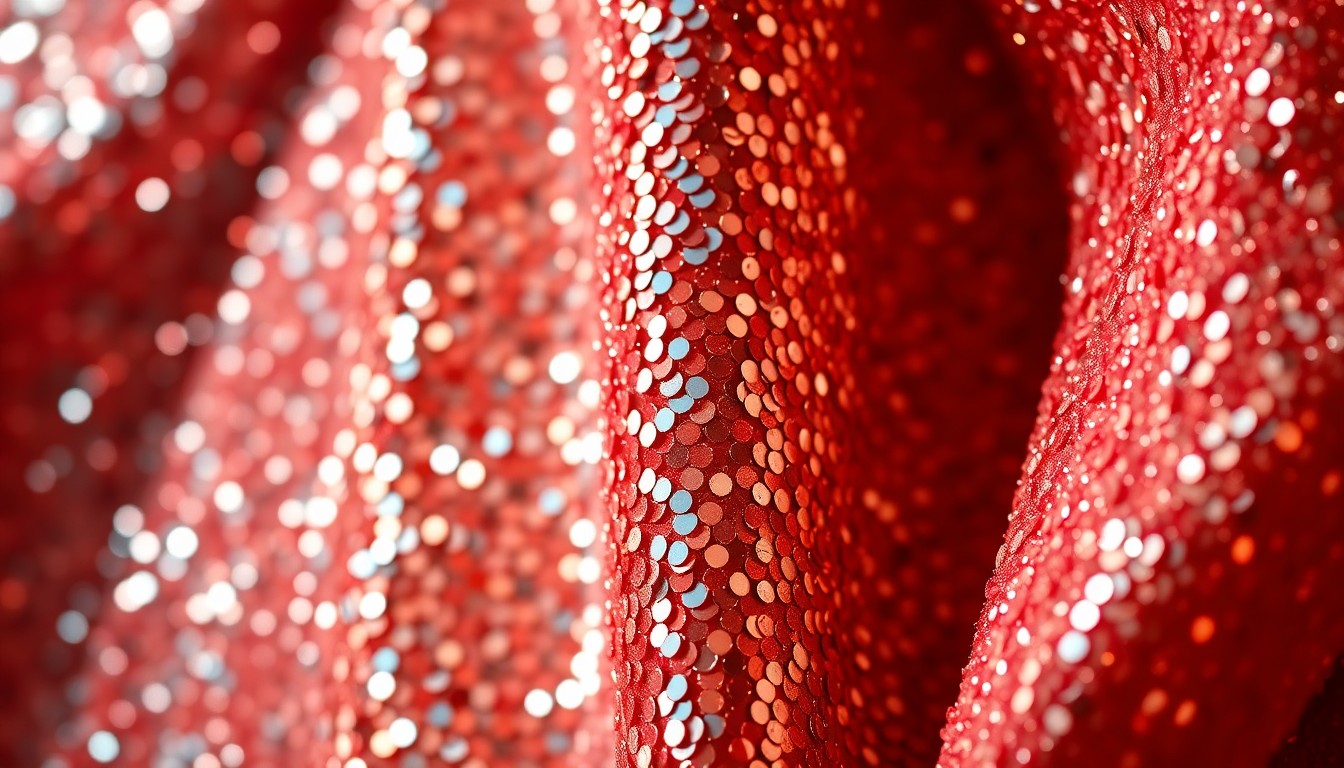 An extreme close-up of shimmering, glittering sequins reflecting dramatic studio lighting, conceptually representing the high-fashion aesthetic and celebrity culture surrounding the upcoming sequel to The Devil Wears Prada.