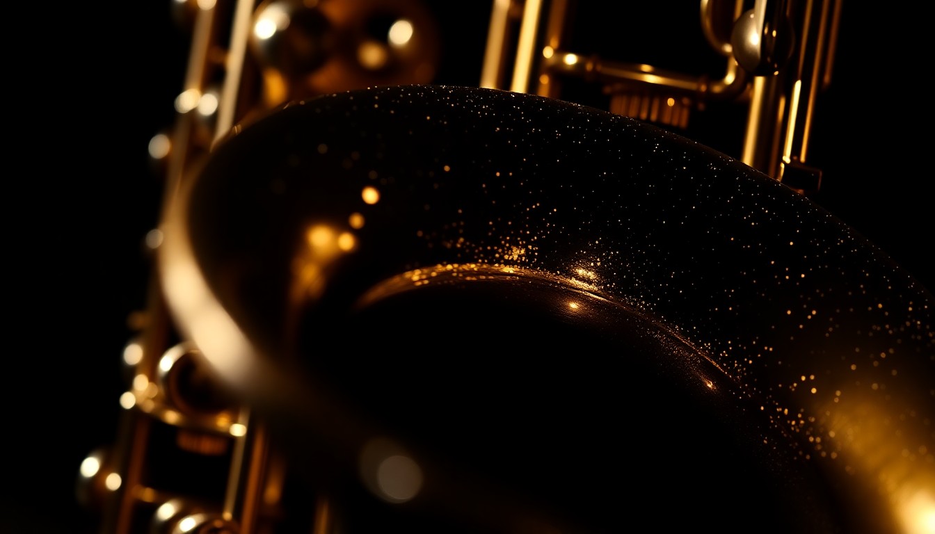 An extreme close-up photograph of the shiny, metallic bell of a saxophone, capturing the intricate details and high-contrast lighting that define the glamorous aesthetic of Irving Penn's studio portraits.