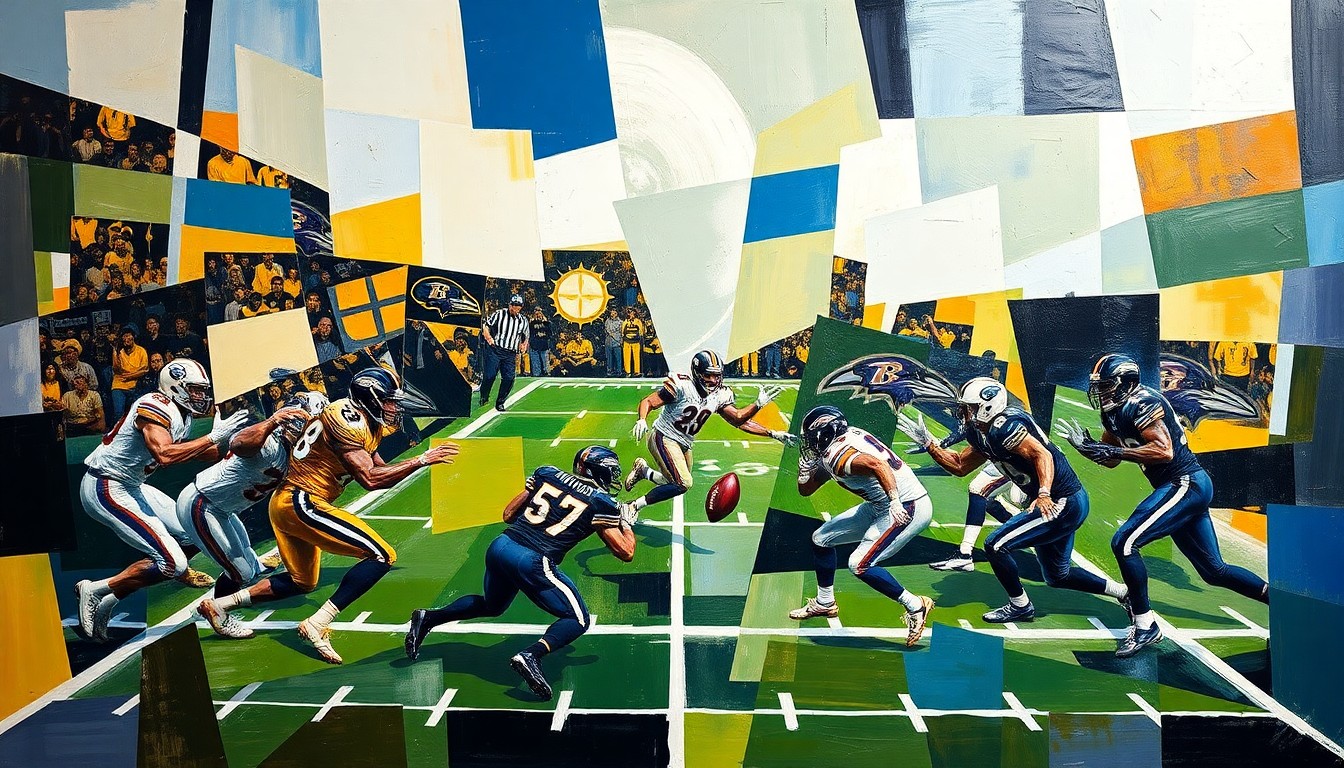 A fragmented, geometric painting depicting a football game between the Pittsburgh Steelers and Baltimore Ravens, with the players' movements and the energy of the rivalry expressed through sharp, overlapping shapes and planes of color.