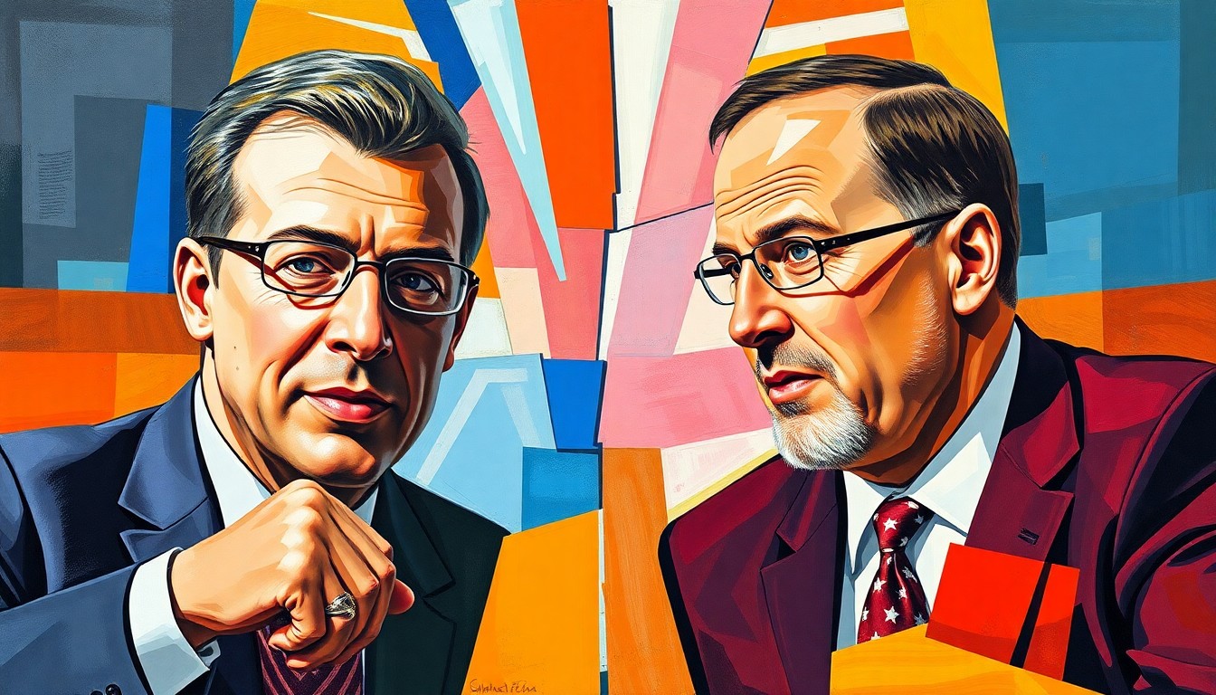 A cubist, geometric painting depicting two sports broadcasters in overlapping, fragmented planes, representing the conceptual idea of a reunion between Rich Eisen and Dan Patrick on SportsCenter.