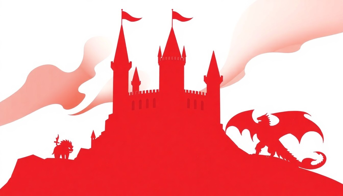 An abstract, minimalist illustration featuring jagged geometric shapes in bold red and white, conceptually representing the medieval fantasy theme and digital collectible nature of the Blooket Medieval Pack.