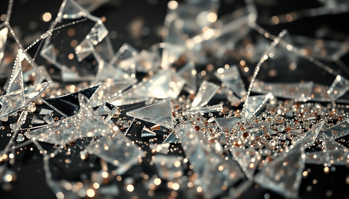 An extreme close-up photograph of shattered glass and glittering sequins, capturing the tension between the film's glamorous aesthetic and the sensitive topic of school shootings.