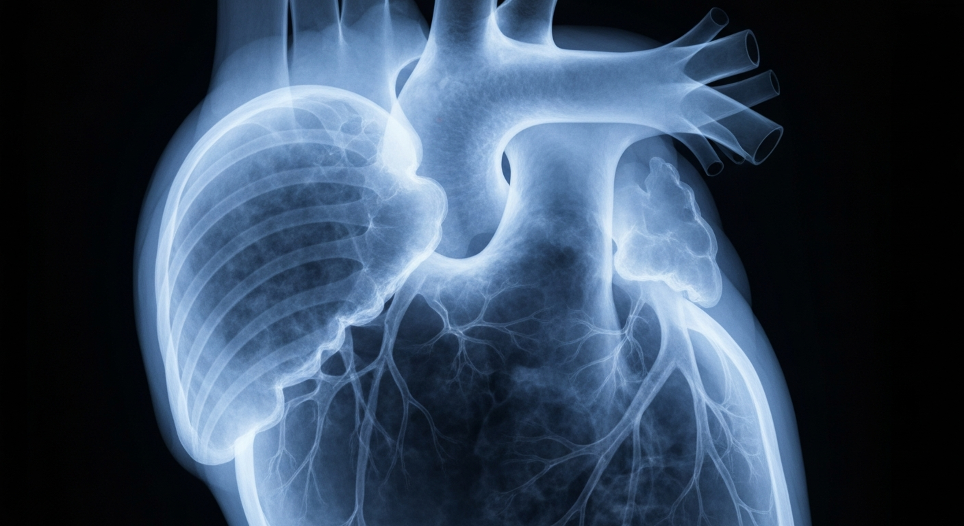 An extreme close-up X-ray photograph of a human heart, glowing with a faint blue light against a dark background, conceptually representing the delicate balance between financial stability and patient-centered care in the healthcare system.