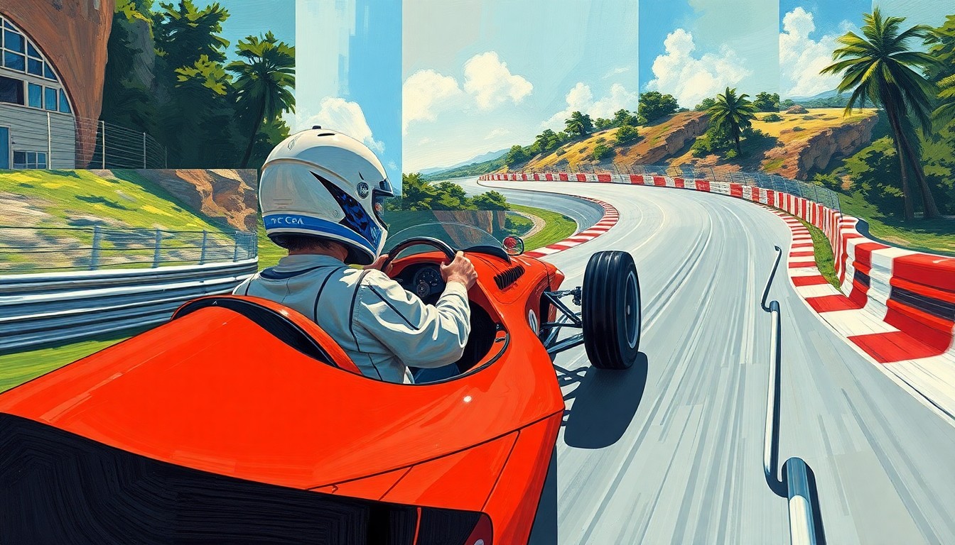 A cubist-style painting depicting a race car driver navigating a winding track, with the car and driver broken down into sharp, overlapping geometric shapes and planes, conveying the dynamic energy and skill of the young driver's debut performance.