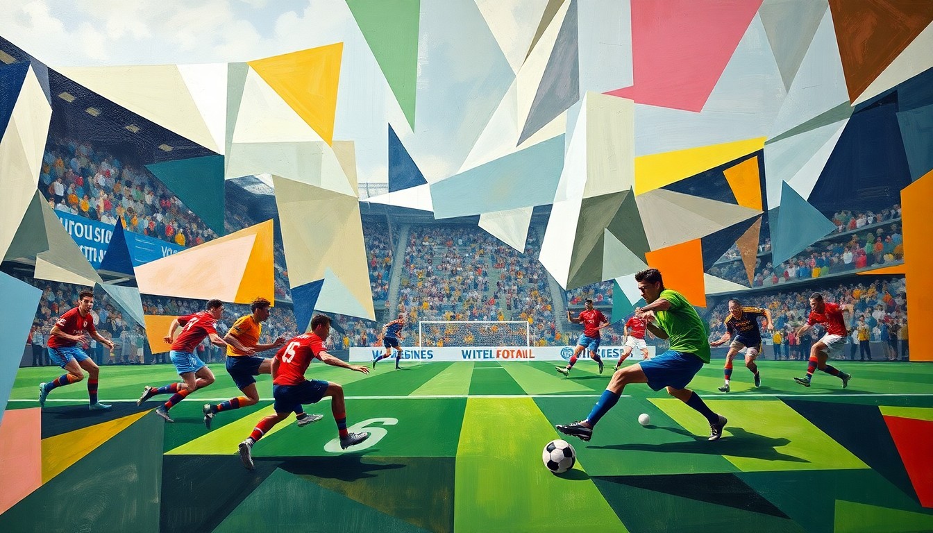 A fragmented, geometric painting depicting the dynamic motion and energy of a football game, with abstract shapes and forms representing the players and field.