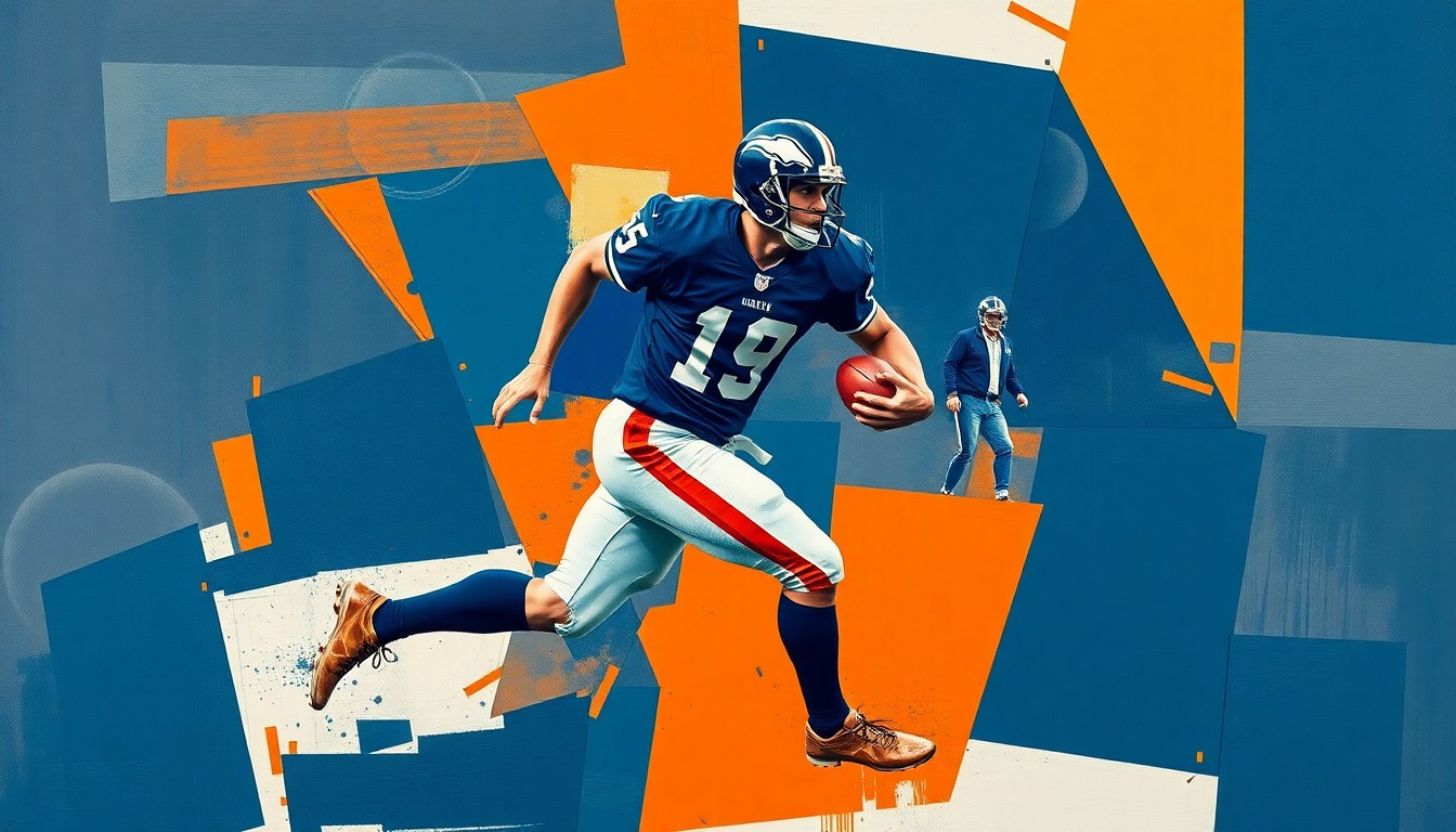 A cubist-style painting depicting a football player in mid-stride, broken down into sharp, overlapping geometric shapes in navy blue, orange, and white, conveying the dynamic and fragmented nature of the Dolphins' roster changes.