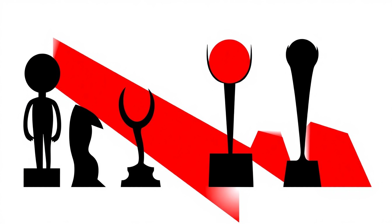 A conceptual illustration in the style of Saul Bass, featuring bold, geometric shapes and silhouettes in high-contrast colors, representing the diverse range of films and talent honored by the LAFCA awards.