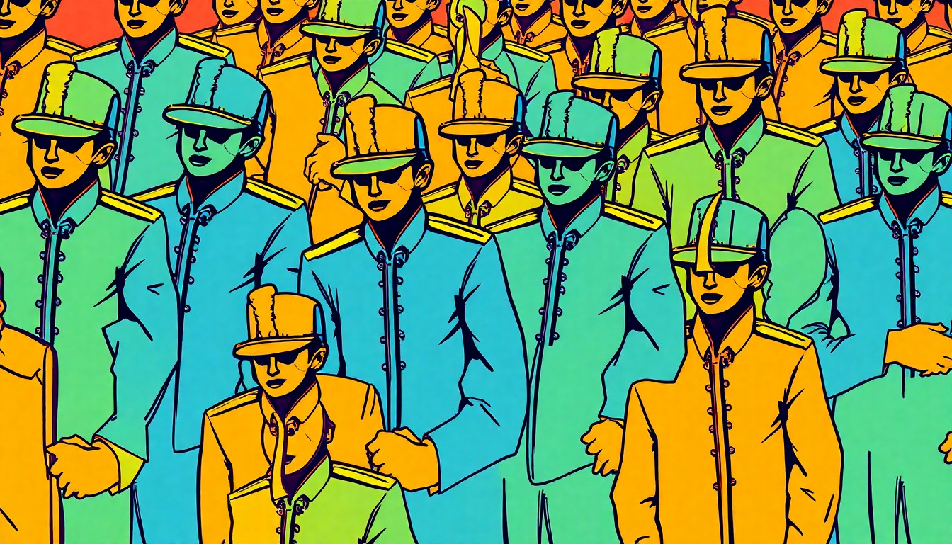 A brightly colored, high-contrast silkscreen print of a marching band uniform repeated in a tight grid pattern, conceptually representing the divisive nature of the rivalry between the two high school bands.