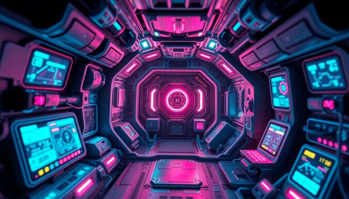 A highly detailed, glowing 3D illustration of the internal systems and control panels of a futuristic spacecraft, with neon cyan and magenta lights illuminating the various components and displays. The image conveys a sense of advanced technology and the high-stakes challenges of space exploration.