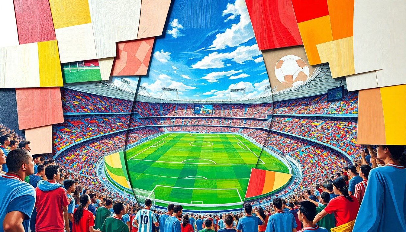 A cubist-style painting featuring fragmented, geometric shapes in the official colors of the 2026 FIFA World Cup teams, conceptually representing the complex labor and political issues surrounding the event's preparations.