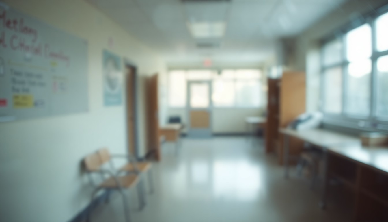 An abstract, out-of-focus photograph in warm, muted tones depicting a blurred school hallway or classroom, conveying a sense of uncertainty and transition surrounding the superintendent's resignation.