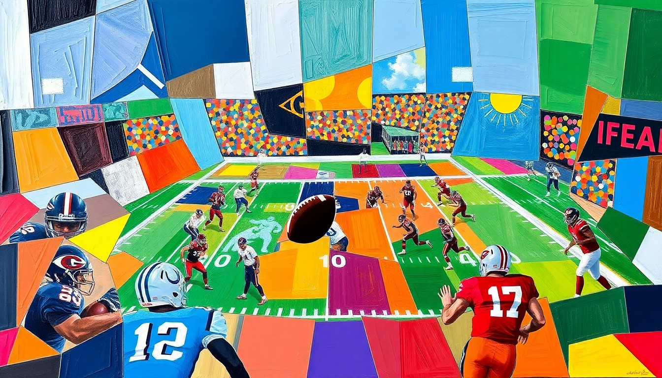 A cubist-style painting featuring overlapping geometric planes in the team's colors, conceptually representing the dynamic action of a college football practice.