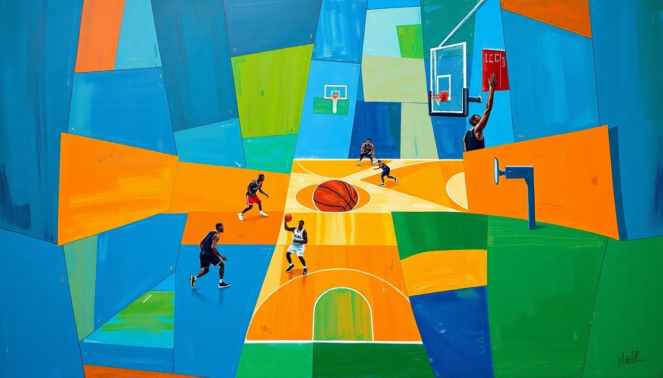 A fractured, cubist-style painting depicting a basketball game, with the players and court broken down into sharp, overlapping geometric shapes and planes of vibrant blue, orange, and green, conveying the dynamic energy and unpredictability of the NBA playoffs.