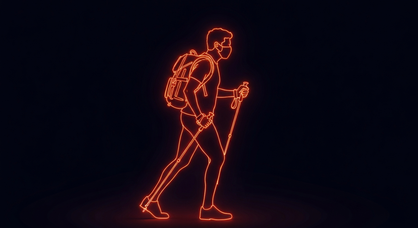 A glowing, neon outline of a person walking with trekking poles, representing the resilience and determination of David Hasselhoff as he recovers from health issues.