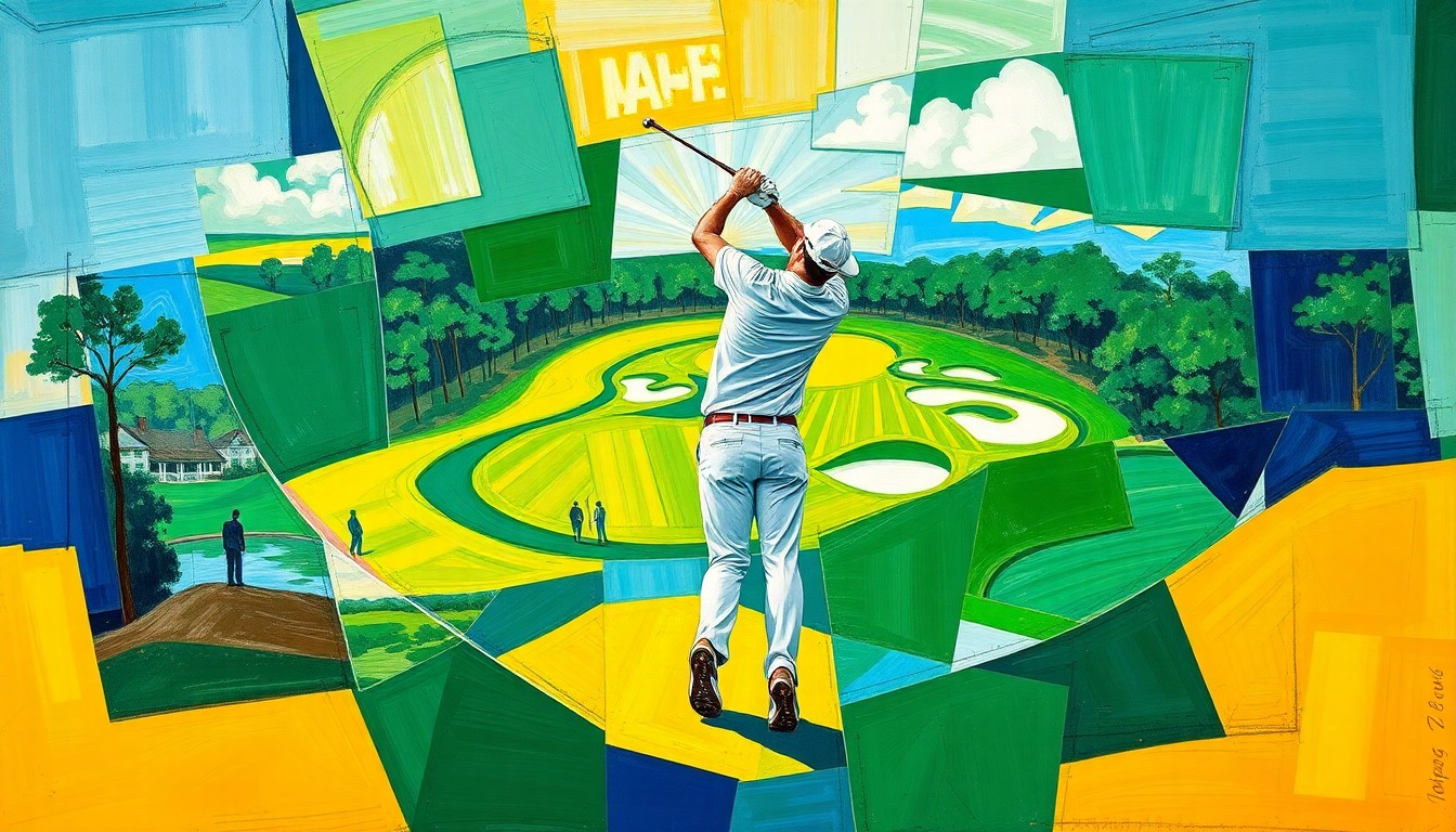 A fractured, cubist-style painting depicting the Augusta National golf course and a golfer's swing broken down into sharp, overlapping geometric shapes and planes in vibrant colors, conveying the unexpected softness and receptiveness of the course conditions.