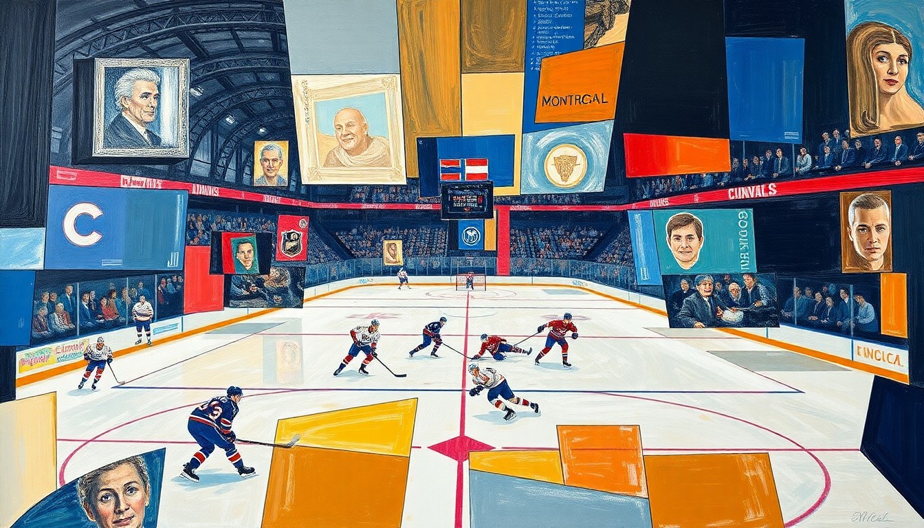 A fragmented, geometric painting depicting the fast-paced action of a hockey game, with players and the puck represented as overlapping, angular shapes in a vibrant color palette.