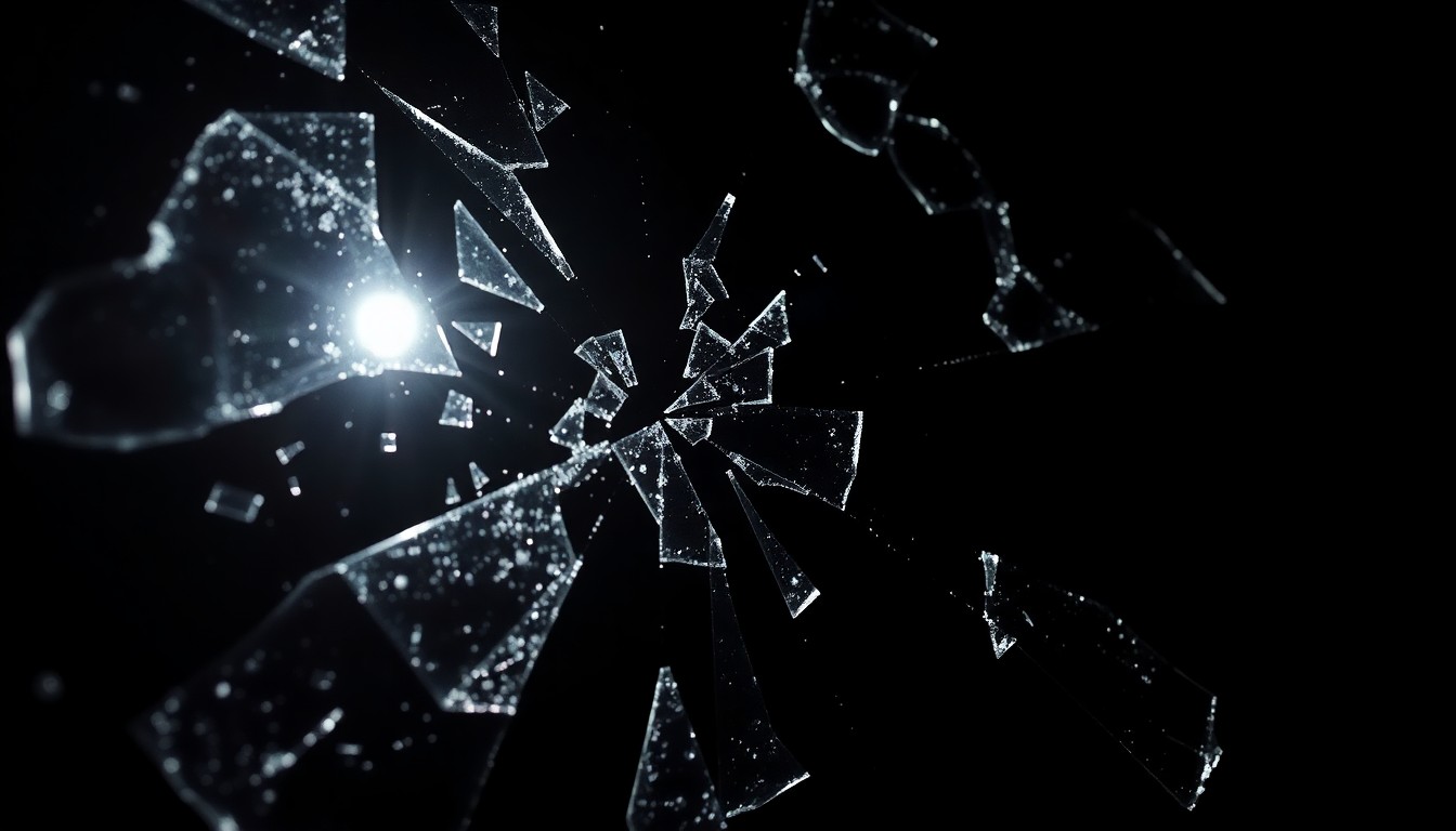 An extreme close-up photograph of shattered car window glass, the sharp edges and reflective surfaces creating a dramatic, gritty visual under harsh flash lighting against a dark background, conceptually representing the vandalism of firefighters' personal property.