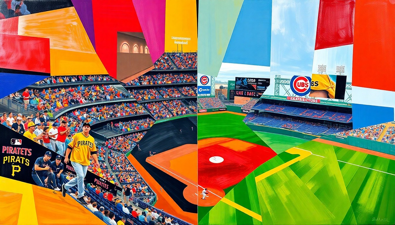 A cubist, geometric painting depicting the various plays and actions of Oneil Cruz's four-hit, three-steal game, with the baseball diamond, players, and stadium seating deconstructed into abstract, overlapping shapes and planes in vibrant colors.