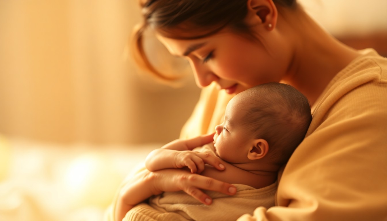 A soft, blurred photograph showing the silhouette of a parent cradling a baby, with the background a hazy wash of warm colors and light, conveying a sense of intimacy and care.