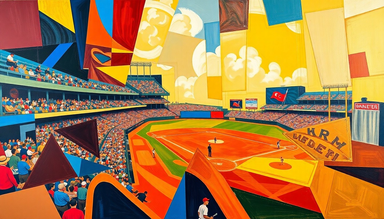 A cubist-inspired painting depicting a baseball game broken down into sharp, overlapping geometric shapes in vibrant colors, capturing the intensity and competition of the matchup.