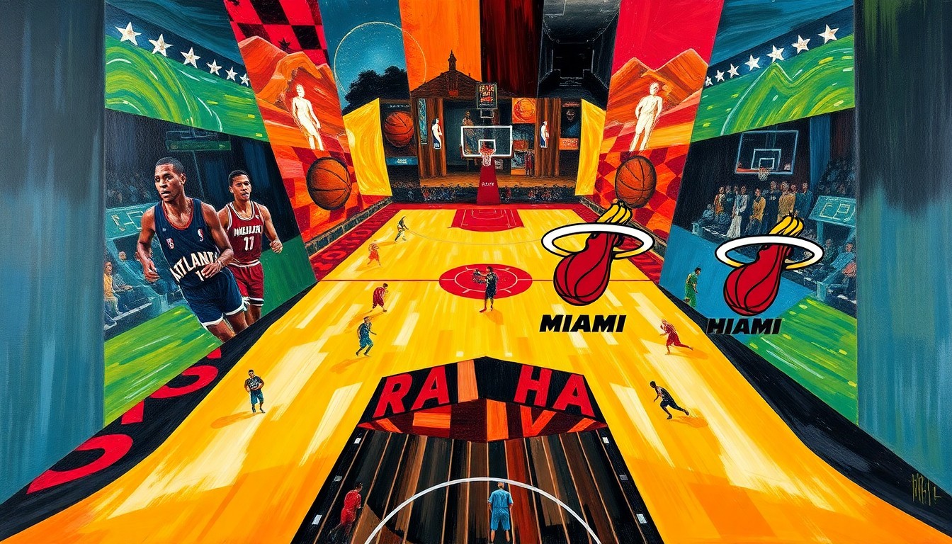 A cubist, geometric painting depicting a basketball game in progress, with fragmented and overlapping shapes representing the players, court, and ball in a vibrant color palette.