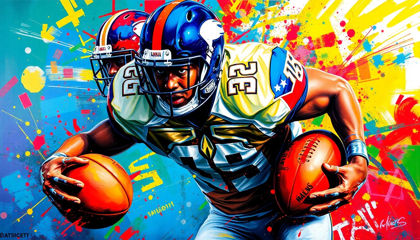An abstract, energetic painting featuring bold, neon-colored brushstrokes that capture the raw power and athleticism of a dominant defensive football player, with their face and uniform details blurred into the expressionist style.