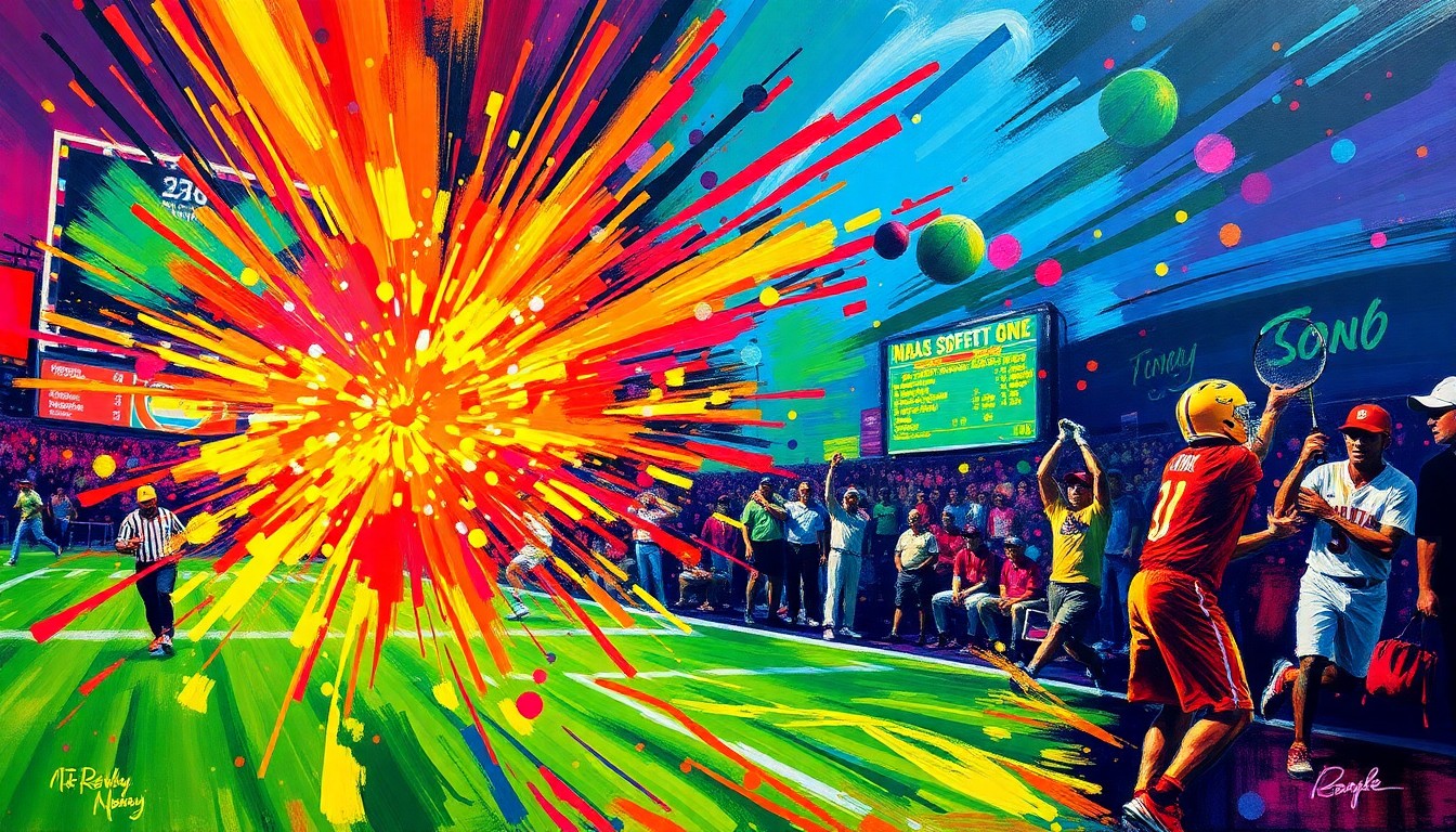 An abstract, energetic painting featuring bold, neon-colored brushstrokes that evoke the thrill and intensity of sports betting on a busy Sunday filled with high-stakes games and tournaments.