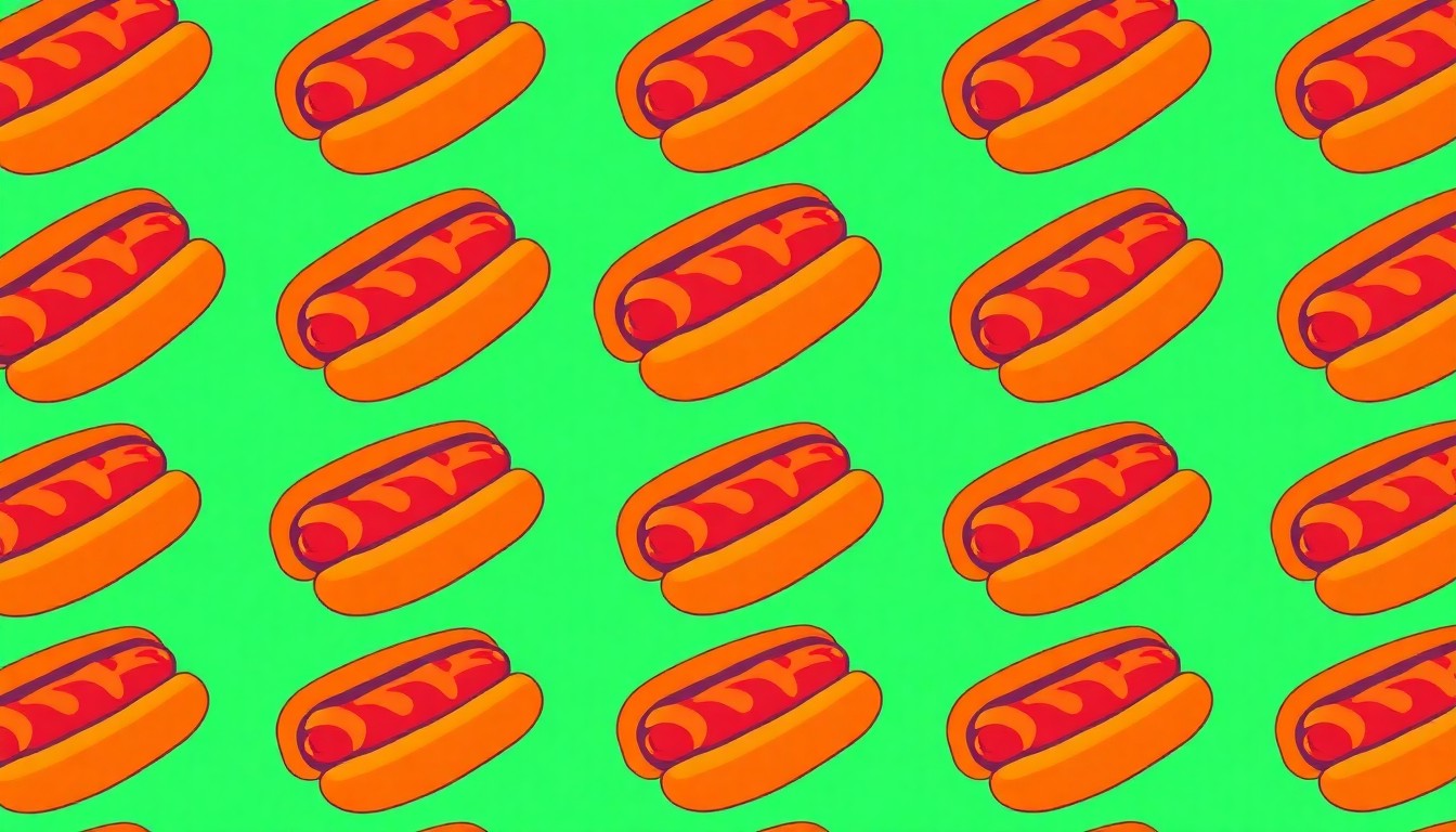 A bold, colorful silkscreen-style illustration featuring a repeated pattern of a Chicago-style hot dog, with the bun, toppings, and sausage rendered in a vibrant neon color palette and heavy black outlines, capturing the energy and diversity of the Taste of Chicago festival.