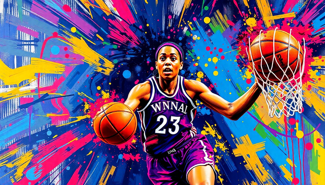 An abstract, expressionist painting in vibrant neon colors depicting the dynamic movement and raw athleticism of a WNBA player driving to the basket, their features and jersey dissolving into bold, gestural brushstrokes.