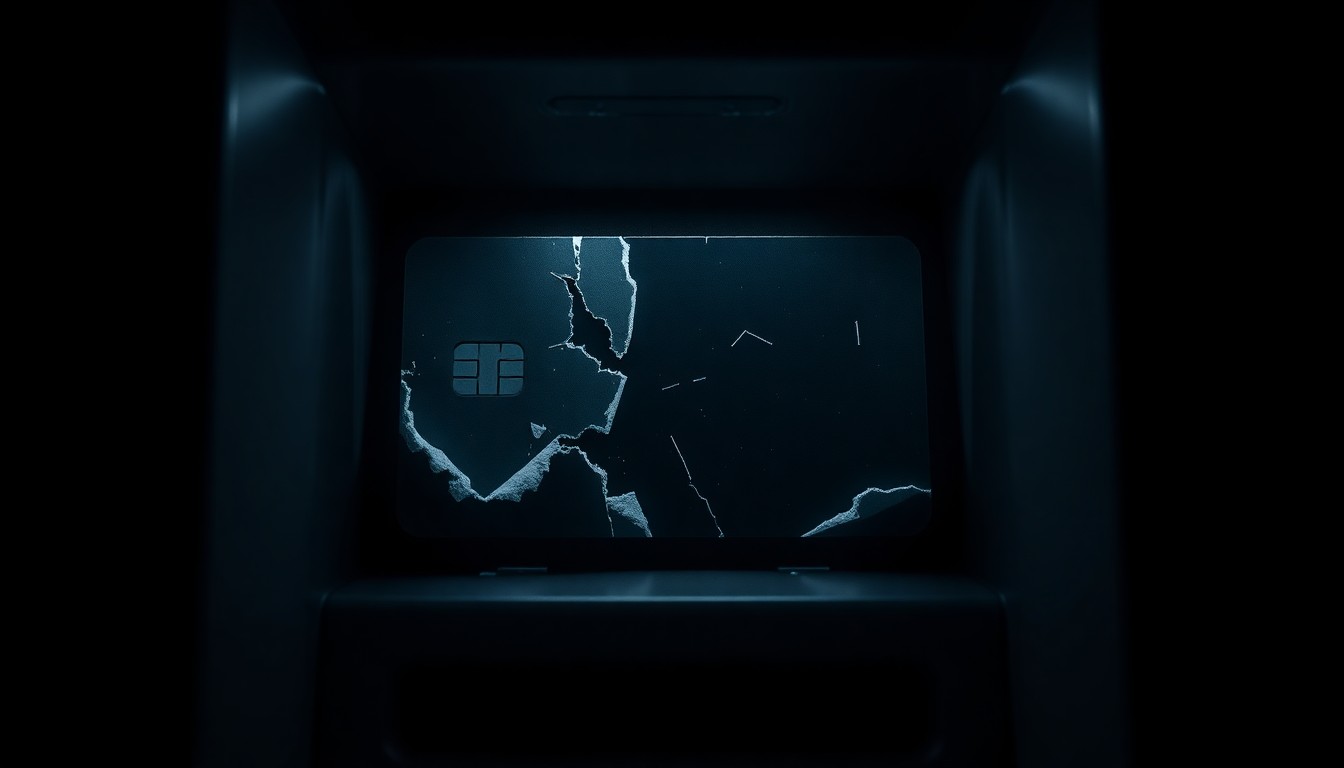 An extreme close-up photograph of a damaged ATM card slot, the harsh flash illuminating the gritty details and creating a sense of urgency and investigation.