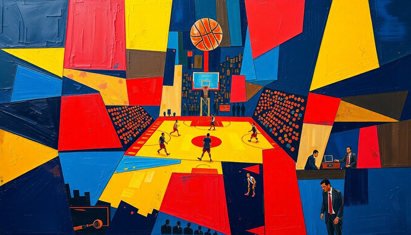 A vibrant, abstract painting featuring sharp, overlapping geometric shapes in navy, red, and yellow, conceptually representing the intensity and movement of a basketball game.