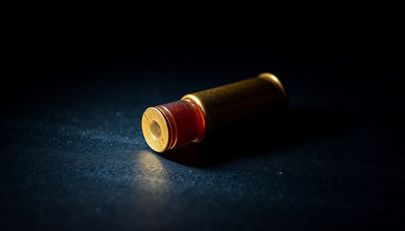 An extreme close-up photograph of a spent bullet casing on a dark, textured surface, conceptually illustrating the aftermath of a shooting incident.