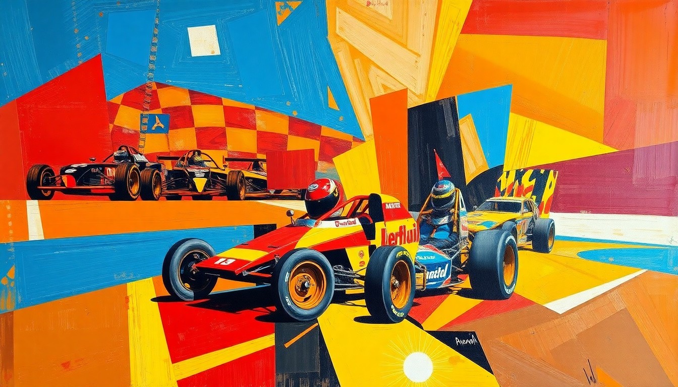 A cubist-style painting depicting a sprint car race, with the car and track broken down into sharp, overlapping geometric shapes in a vibrant color palette, conveying the high-energy and competitive nature of the event.