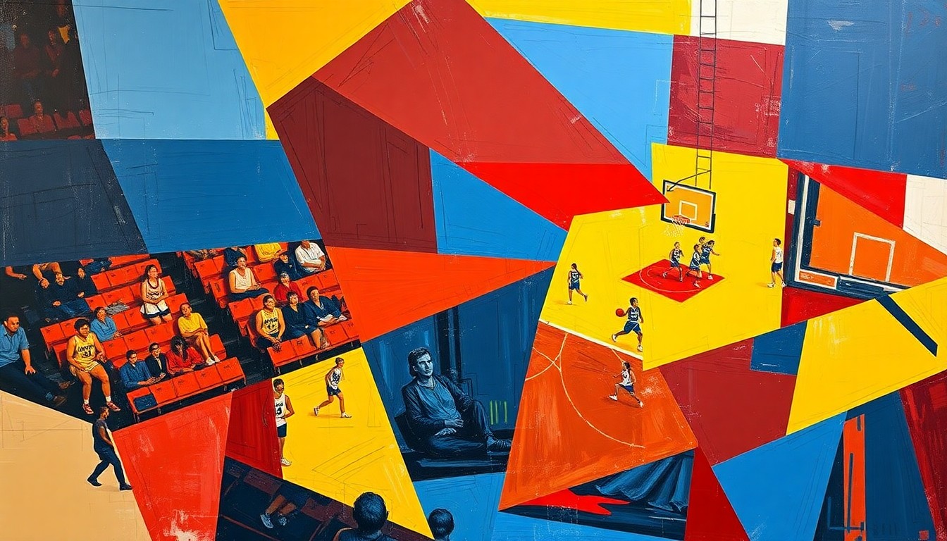 A cubist-style painting featuring fragmented, overlapping geometric shapes in vibrant colors, conceptually representing the dynamic action of a women's basketball game.