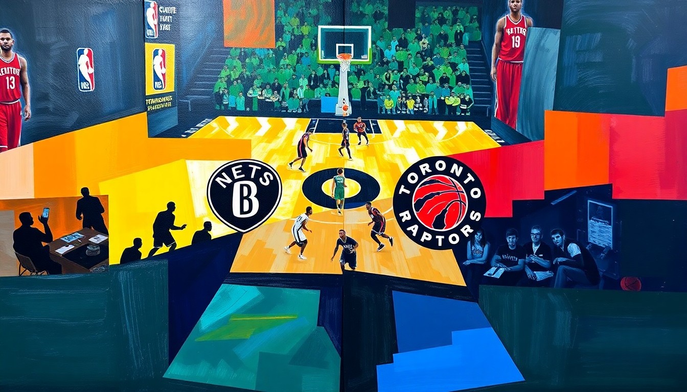 A fractured, multi-perspective painting depicting a basketball game between two teams, with the players and court broken down into sharp, overlapping geometric shapes and planes of vibrant colors.