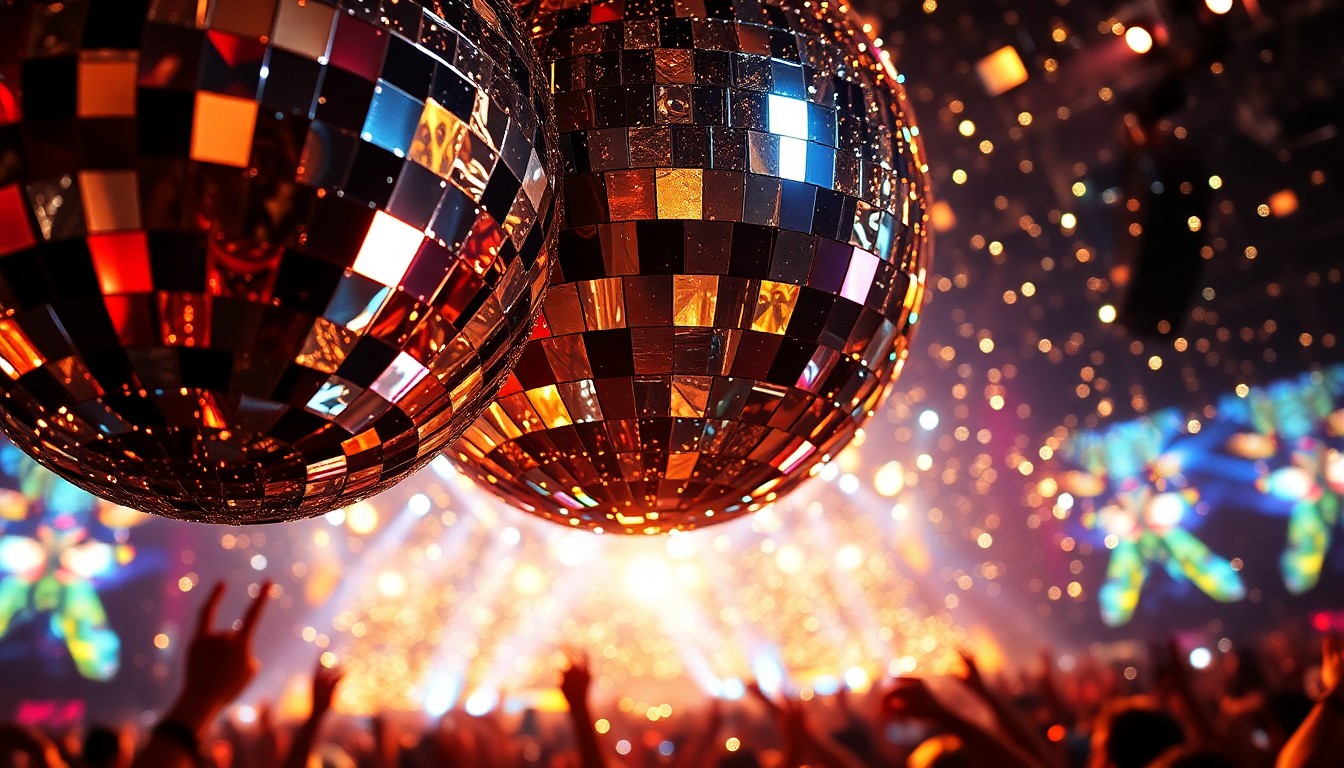 An abstract close-up image of shattered glass fragments reflecting bright stage lights, conveying the vibrant, glamorous atmosphere of a major music festival.