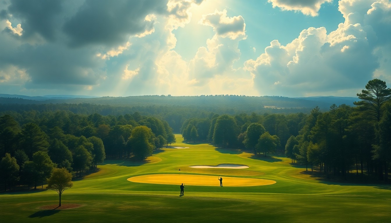 A sweeping, atmospheric landscape painting depicting the vast, majestic natural setting of Augusta National Golf Club on a sunny final round day of the Masters tournament, with the golf course and players dwarfed by the overwhelming scale of the natural world.
