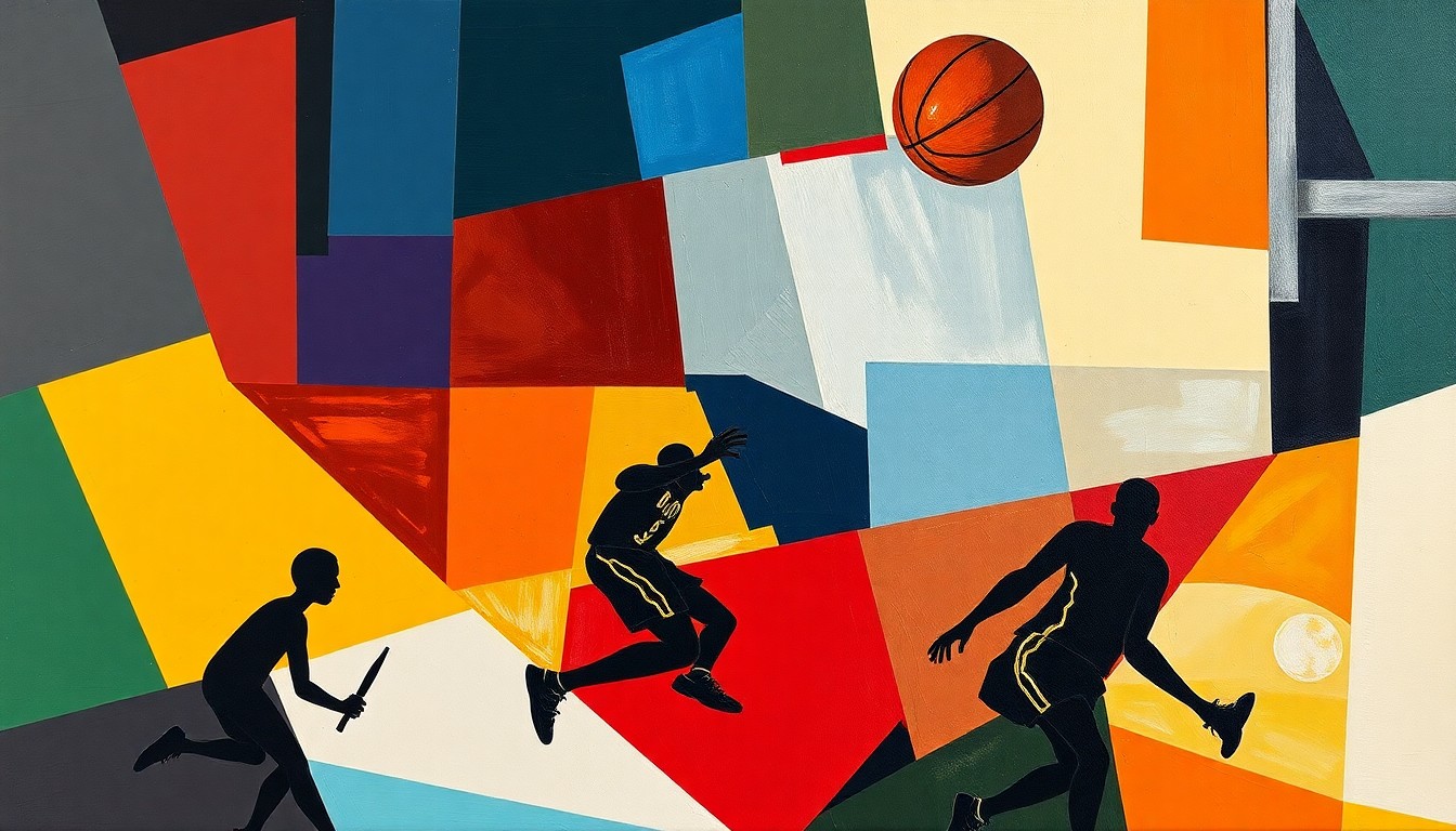 A cubist, geometric painting depicting a basketball game in motion, with overlapping, fragmented planes of color and form representing the dynamic action on the court.