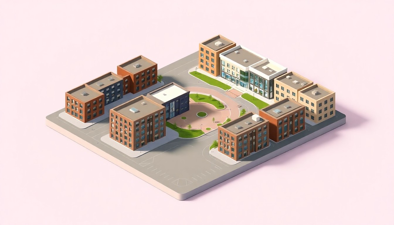 A stylized, isometric 3D digital illustration depicting a cluster of modern, geometric residential and commercial buildings arranged around a central public plaza, representing the planned redevelopment of the Union 93 site in downtown Meridian, Idaho.